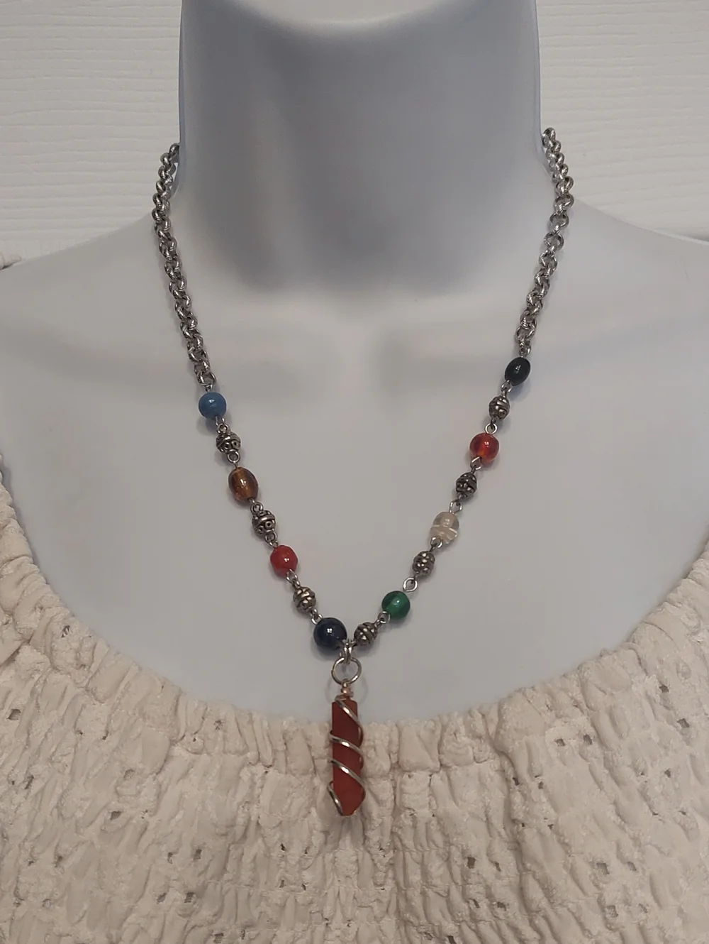 Carnelian Pendant And Beaded Chain/Rolo Link Chain 19